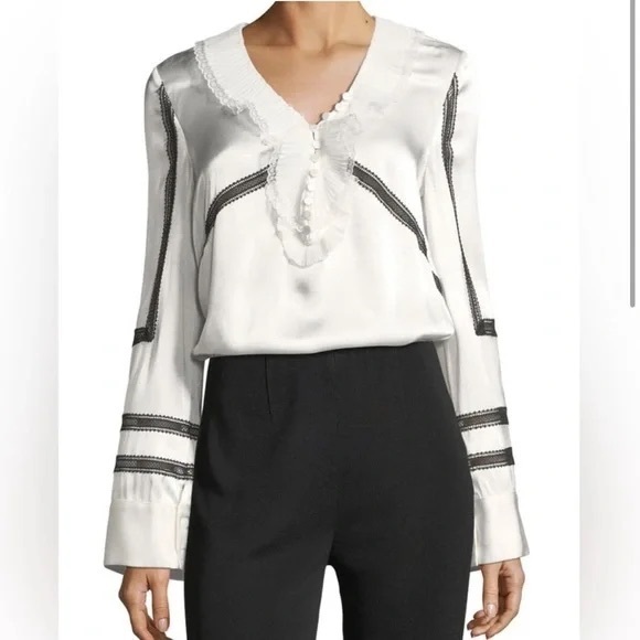 Self-Portrait Tops - Self-Portrait Monochrome Trimmed Satin Shirt